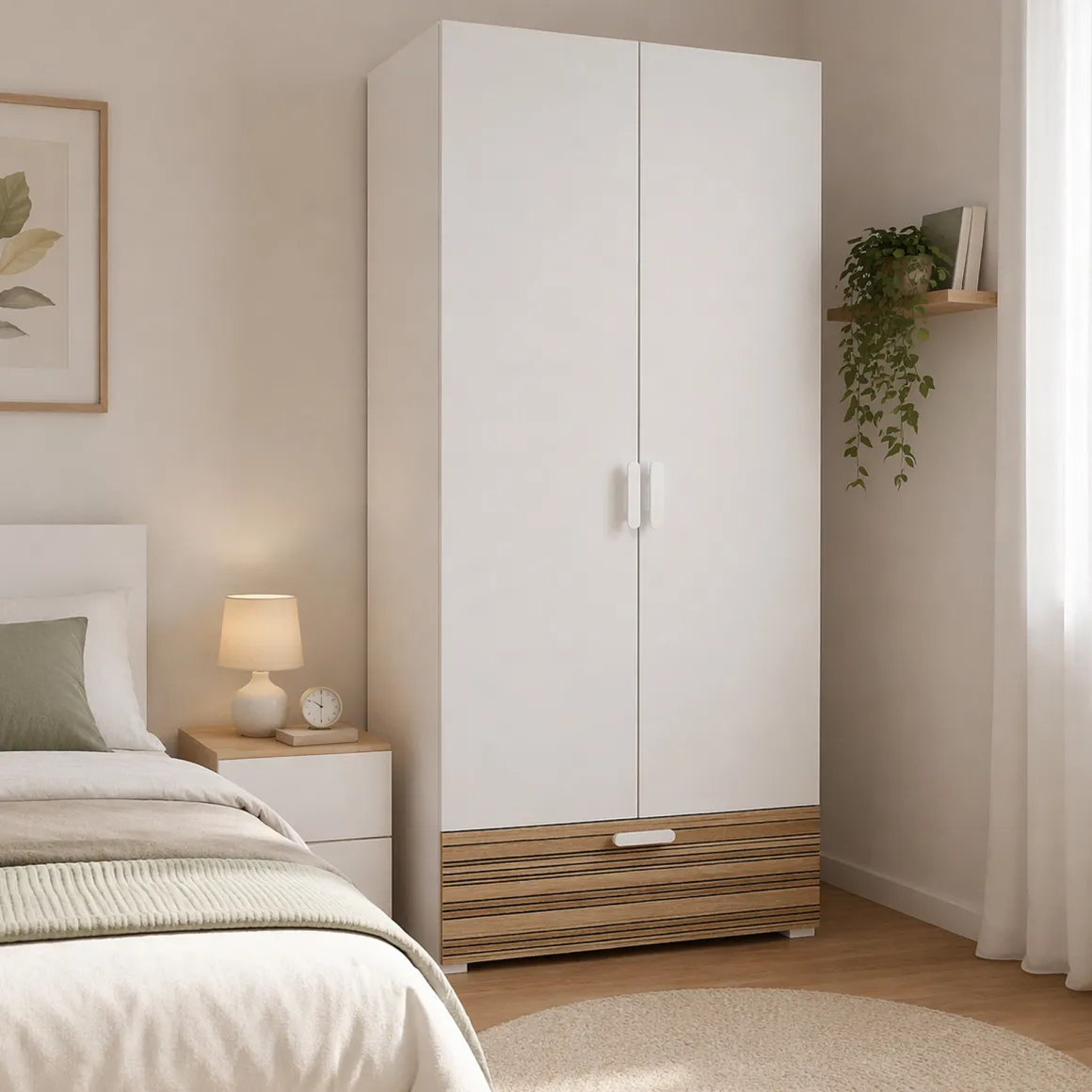 Guardaroba 2 Ante Bianco Marrone Rovere un Cassetto 2 Ripiani 80x180h cm, Appendiabiti - Vacone