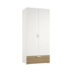 Guardaroba 2 Ante Bianco Marrone Rovere un Cassetto 2 Ripiani 80x180h cm, Appendiabiti - Vacone