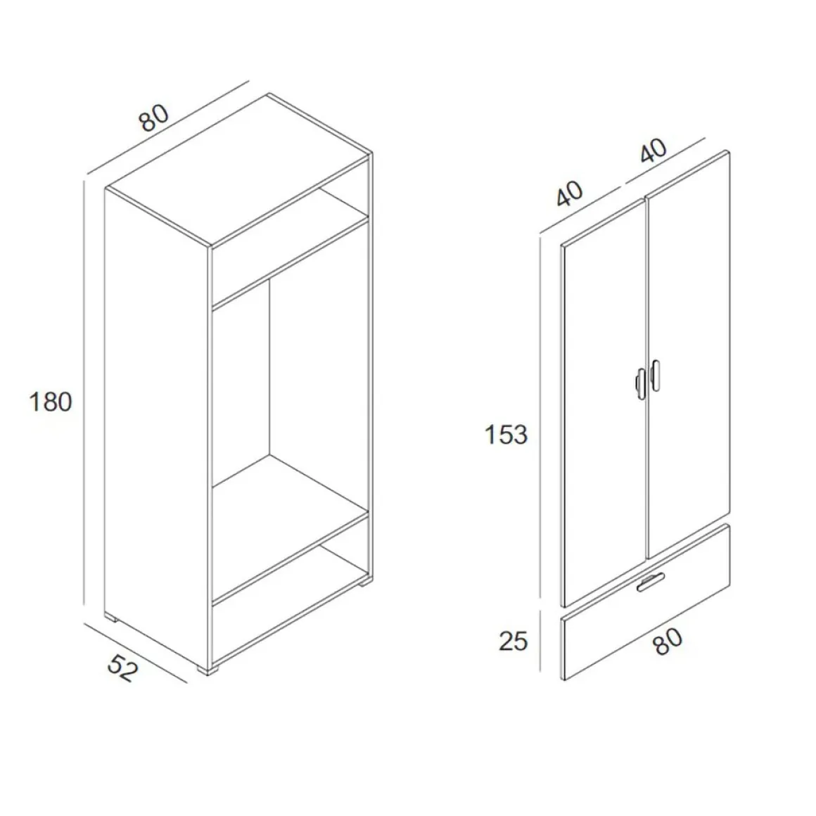 Guardaroba 2 Ante Bianco Marrone Rovere un Cassetto 2 Ripiani 80x180h cm, Appendiabiti - Vacone