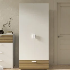Guardaroba 2 Ante Bianco Marrone Rovere un Cassetto 2 Ripiani 80x180h cm, Appendiabiti - Vacone
