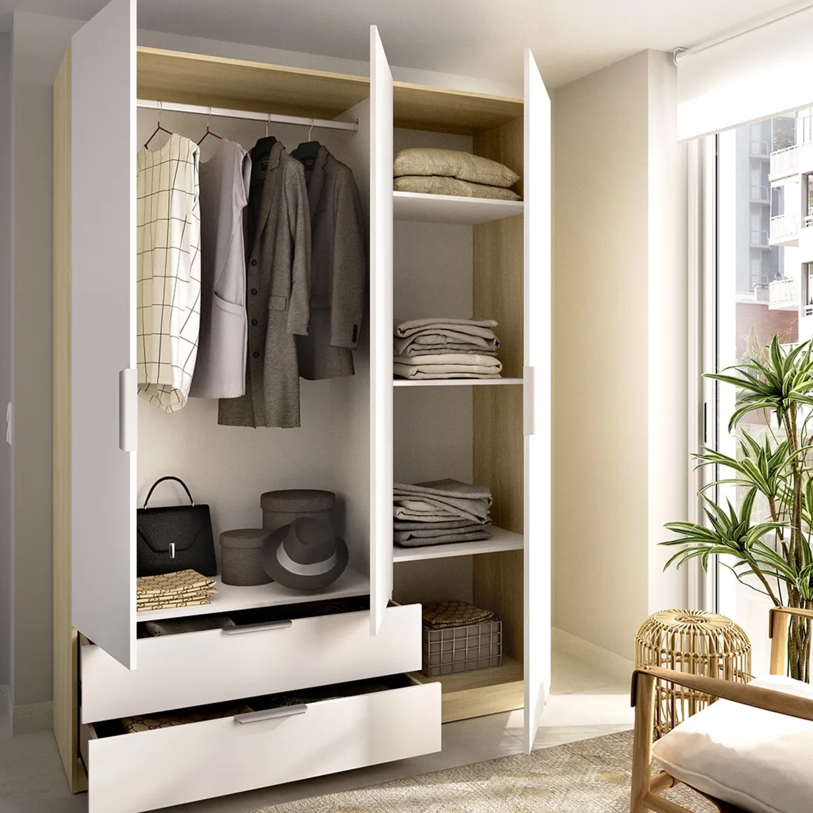 Guardaroba 3 Ante Bianco Marrone Rovere Appendiabiti 2 Cassetti 51x137 cm, 3 Ripiani - Mayos