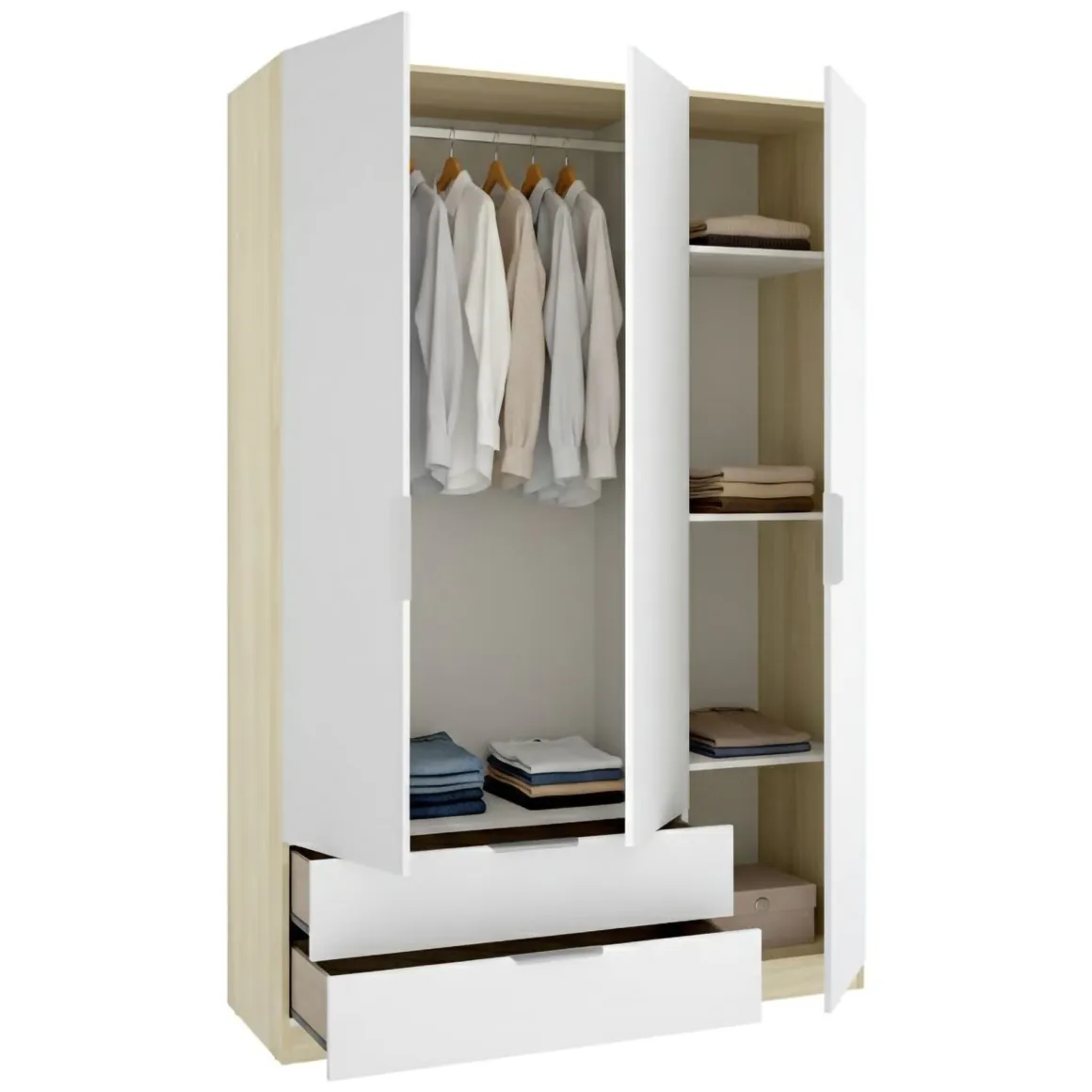 Guardaroba 3 Ante Bianco Marrone Rovere Appendiabiti 2 Cassetti 51x137 cm, 3 Ripiani - Mayos