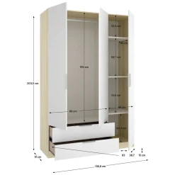 Guardaroba 3 Ante Bianco Marrone Rovere Appendiabiti 2 Cassetti 51x137 cm, 3 Ripiani - Mayos