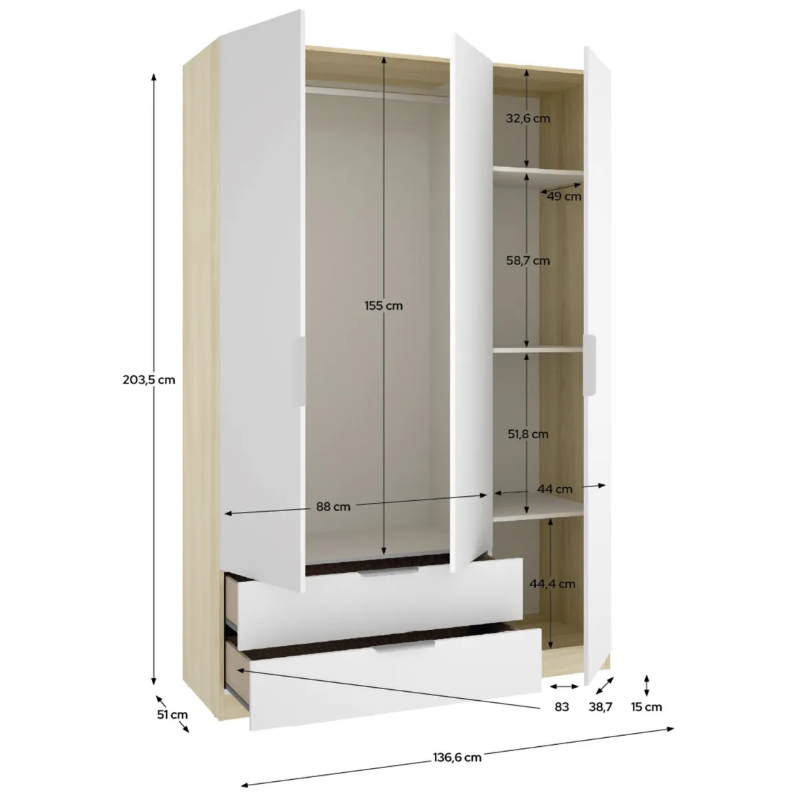 Guardaroba 3 Ante Bianco Marrone Rovere Appendiabiti 2 Cassetti 51x137 cm, 3 Ripiani - Mayos