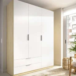 Guardaroba 3 Ante Bianco Marrone Rovere Appendiabiti 2 Cassetti 51x137 cm, 3 Ripiani - Mayos