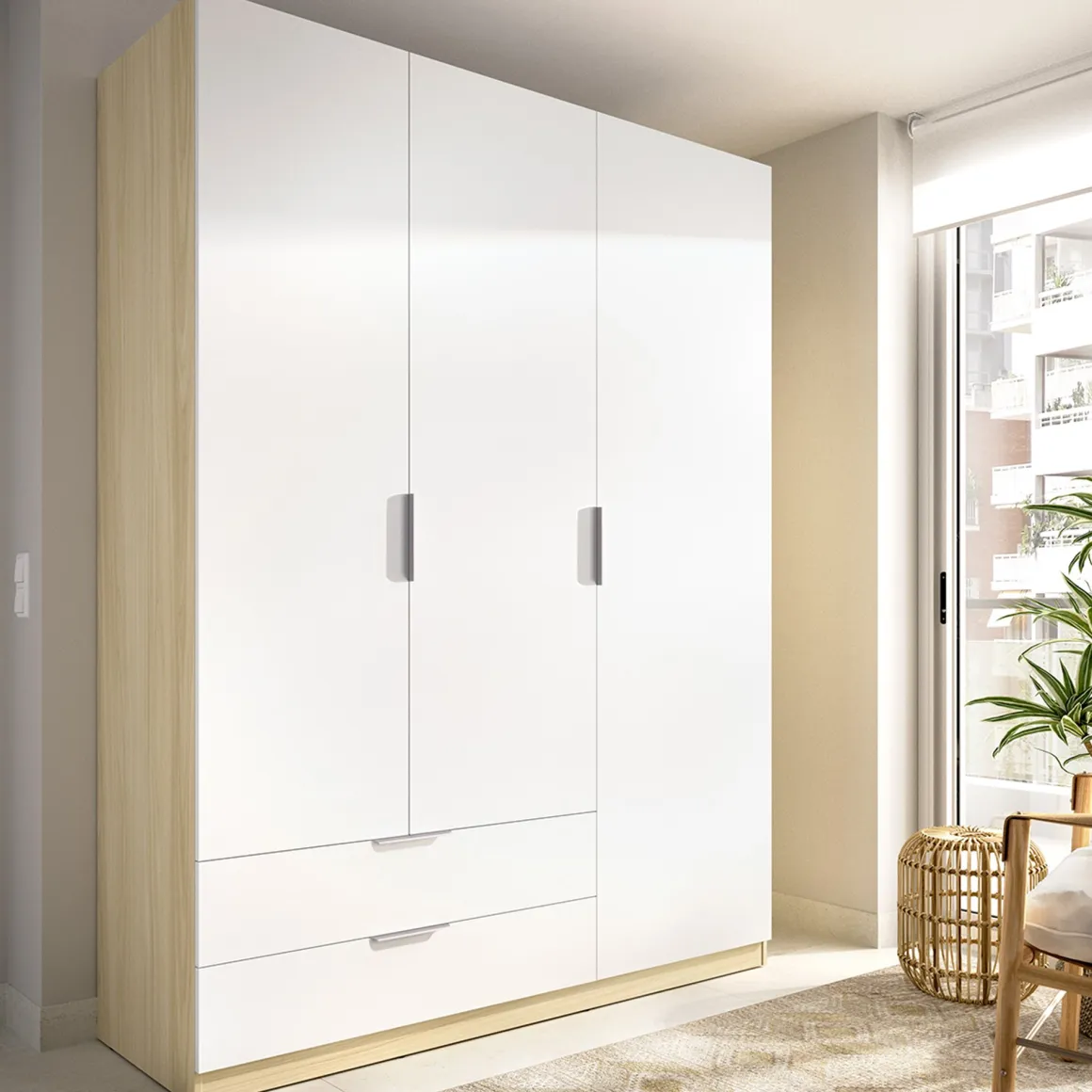 Guardaroba 3 Ante Bianco Marrone Rovere Appendiabiti 2 Cassetti 51x137 cm, 3 Ripiani - Mayos