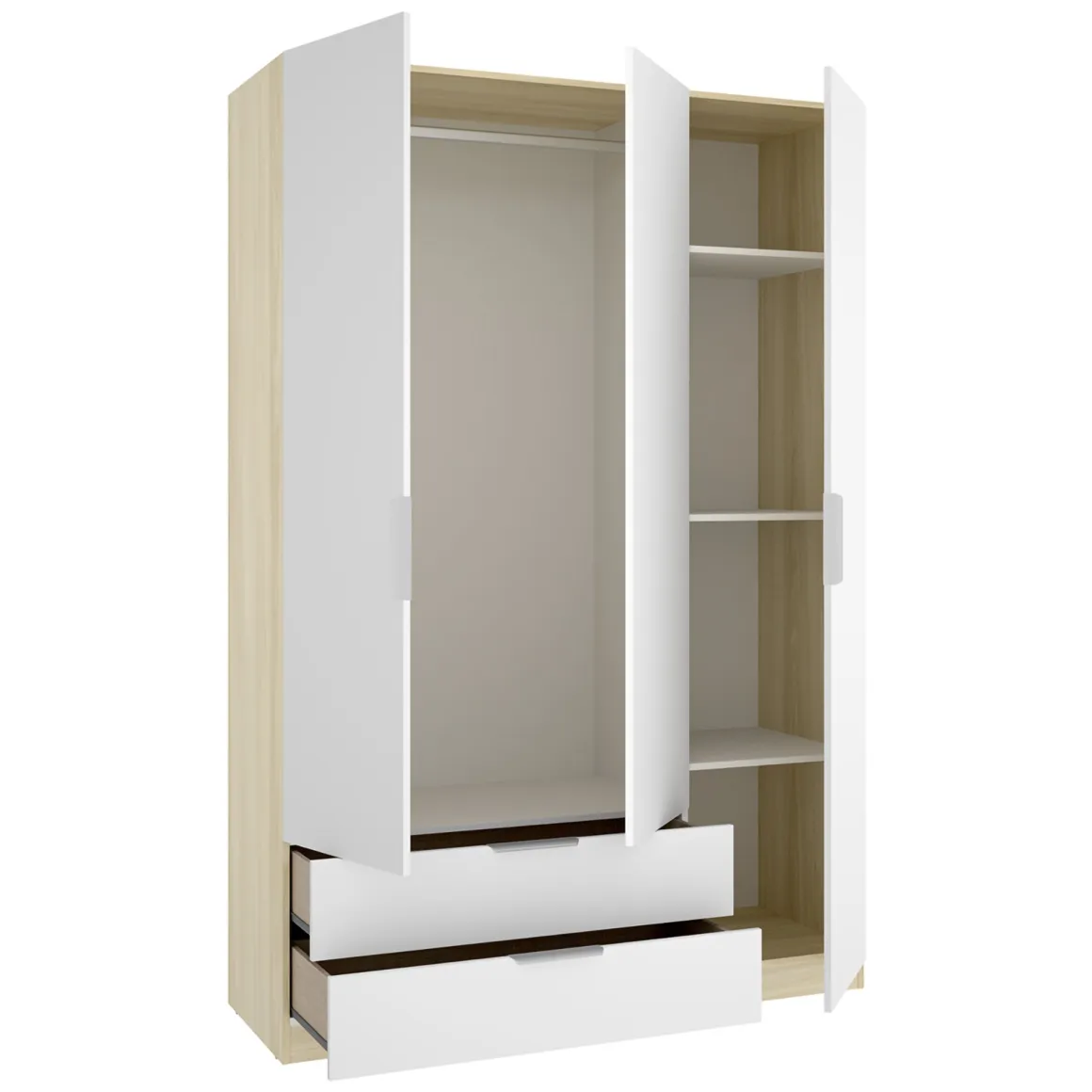 Guardaroba 3 Ante Bianco Marrone Rovere Appendiabiti 2 Cassetti 51x137 cm, 3 Ripiani - Mayos