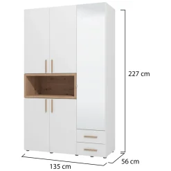 Guardaroba 3 Ante Bianco Marrone Rovere Nodi Appendiabiti 2 Cassetti 134.5x56 cm, 6 Ripiani - Pianezze