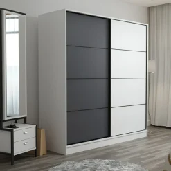 Guardaroba 2 Ante > Dmora Guardaroba 2 Ante Bianco Nero Antracite 5 Ripiani Appendiabiti 180x210h cm, Apertura Scorrevole - Cuvio Nero, Bianco Antracite