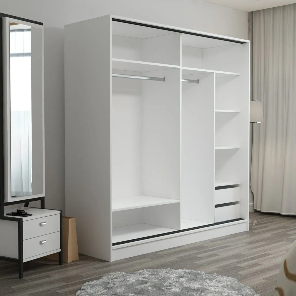 Guardaroba 2 Ante > Dmora Guardaroba 2 Ante Bianco Nero Antracite 5 Ripiani Appendiabiti 180x210h cm, Apertura Scorrevole - Cuvio Nero, Bianco Antracite