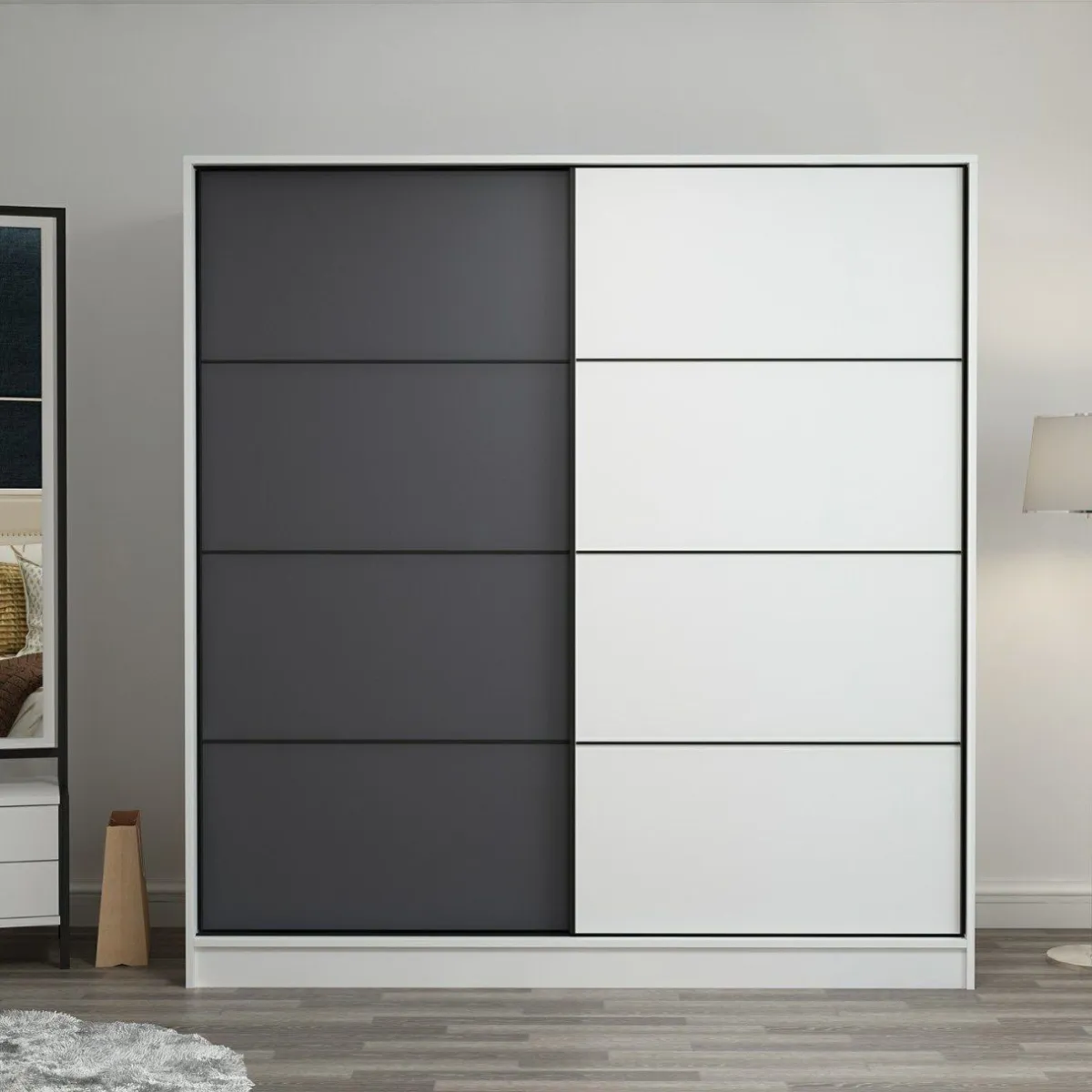 Guardaroba 2 Ante > Dmora Guardaroba 2 Ante Bianco Nero Antracite 5 Ripiani Appendiabiti 180x210h cm, Apertura Scorrevole - Cuvio Nero, Bianco Antracite