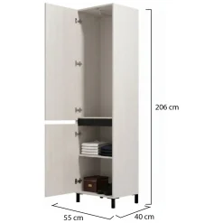 Guardaroba 2 Ante Bianco Nero Appendiabiti 2 Ripiani 54.5x205.5h cm, 3 Vani - Monta