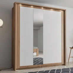 Guardaroba 2 Ante > Dmora Guardaroba 2 Ante Bianco Opaco Marrone Rovere 2 Ripiani Appendiabiti 195x218h cm, Apertura Scorrevole - Bujumb Marrone Rovere, Bianco Opaco