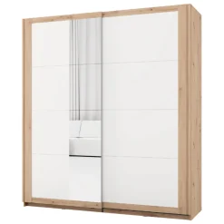 Guardaroba 2 Ante > Dmora Guardaroba 2 Ante Bianco Opaco Marrone Rovere 2 Ripiani Appendiabiti 195x218h cm, Apertura Scorrevole - Bujumb Marrone Rovere, Bianco Opaco
