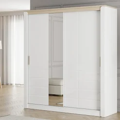 Guardaroba 2 Ante > Dmora Guardaroba 2 Ante Bianco Opaco Marrone Rovere Nodi 4 Ripiani Appendiabiti 95x208h cm, Apertura Battente - Tavole Marrone Rovere nodi, Bianco Opaco