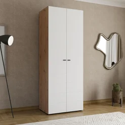 Guardaroba 2 Ante > Dmora Guardaroba 2 Ante Bianco Opaco Nero 2 Ripiani Appendiabiti 195x205h cm, Apertura Scorrevole - Asilah Nero, Bianco Opaco