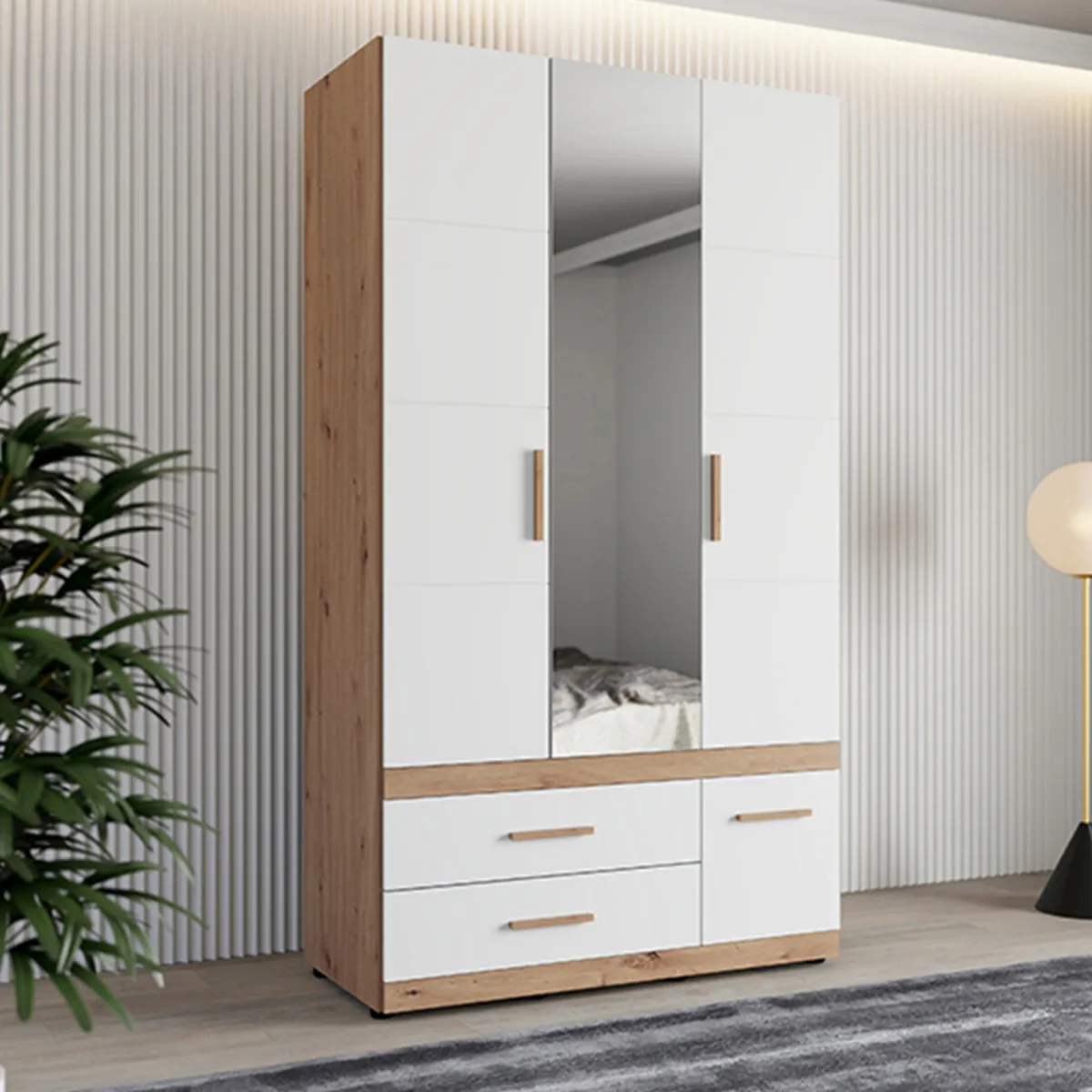 Guardaroba 3 Ante > Dmora Guardaroba 3 Ante Bianco Opaco Marrone Rovere Nodi Appendiabiti 3 Cassetti 117x52 cm, 2 Ripiani - Yelapa Marrone Rovere nodi, Bianco Opaco