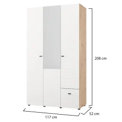 Guardaroba 3 Ante Bianco Opaco Marrone Rovere Nodi Appendiabiti un Cassetto 117x52 cm, 4 Ripiani - Serram