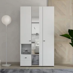 Guardaroba 3 Ante Bianco Opaco Nero Appendiabiti un Cassetto 117x52 cm, 5 Ripiani - Patzcu