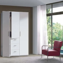 Guardaroba 3 Ante Bianco 4 Ripiani Appendiabiti 117x52 cm, 3 Cassetti - Anama