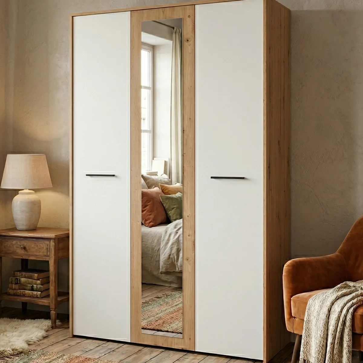 Guardaroba 3 Ante > Dmora Guardaroba 3 Ante Bianco Rovere Nodi Marrone Appendiabiti 5 Ripiani 119x53 cm, 7 Vani - Lavagno Marrone, Bianco Rovere Nodi