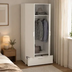 Guardaroba 2 Ante Bianco un Cassetto Appendiabiti 80x180h cm, 2 Ripiani - Vacone