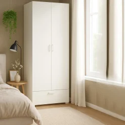 Guardaroba 2 Ante Bianco un Cassetto Appendiabiti 80x180h cm, 2 Ripiani - Vacone