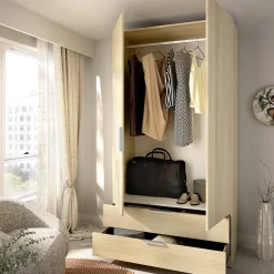 Guardaroba 2 Ante Marrone Bianco Rovere Appendiabiti 2 Cassetti 51x204h cm, un Ripiano - Montclare