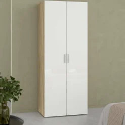 Guardaroba 2 Ante Marrone Quercia Bianco Lucido Appendiabiti 5 Ripiani 78.7x200.9h cm, 2 Ante - Argor
