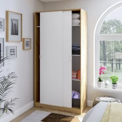Guardaroba 2 Ante Marrone Rovere Nodi Bianco 4 Ripiani Appendiabiti 100x200h cm, Apertura Scorrevole - Orgosolo