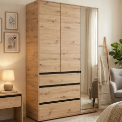 Guardaroba 3 Ante > Dmora Guardaroba 3 Ante Marrone Rovere Nodi Nero Appendiabiti un Cassetto 117x52 cm, 5 Ripiani - Patzcu Nero, Marrone Rovere Nodi