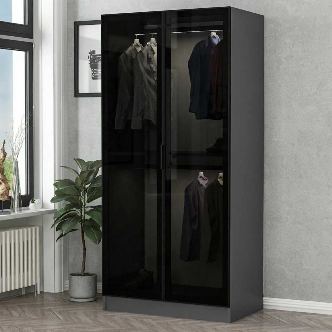 Guardaroba 2 Ante Nero Antracite Appendiabiti un Ripiano 90x210h cm, 2 Ante - Moconesi