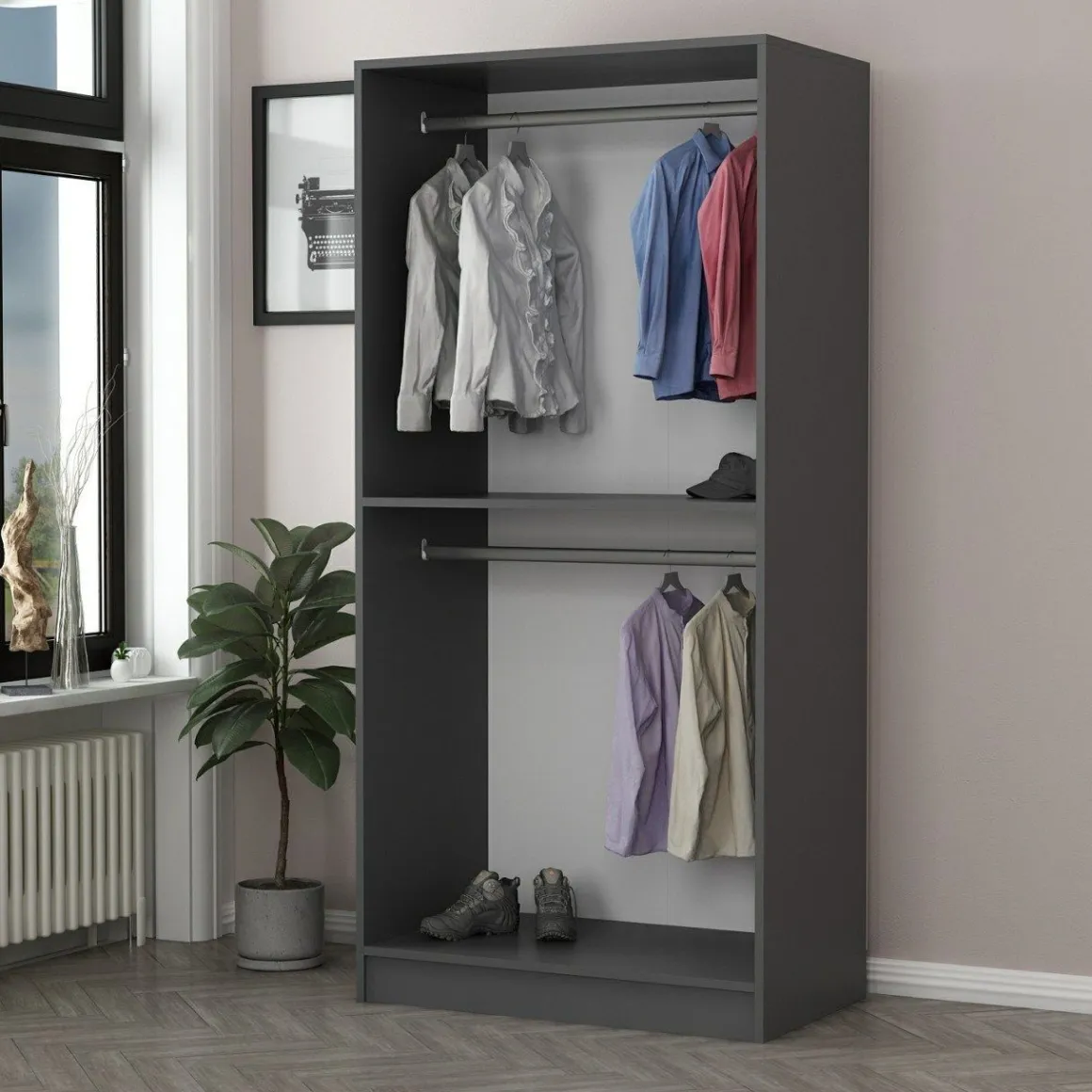 Guardaroba 2 Ante Nero Antracite Appendiabiti un Ripiano 90x210h cm, 2 Ante - Moconesi