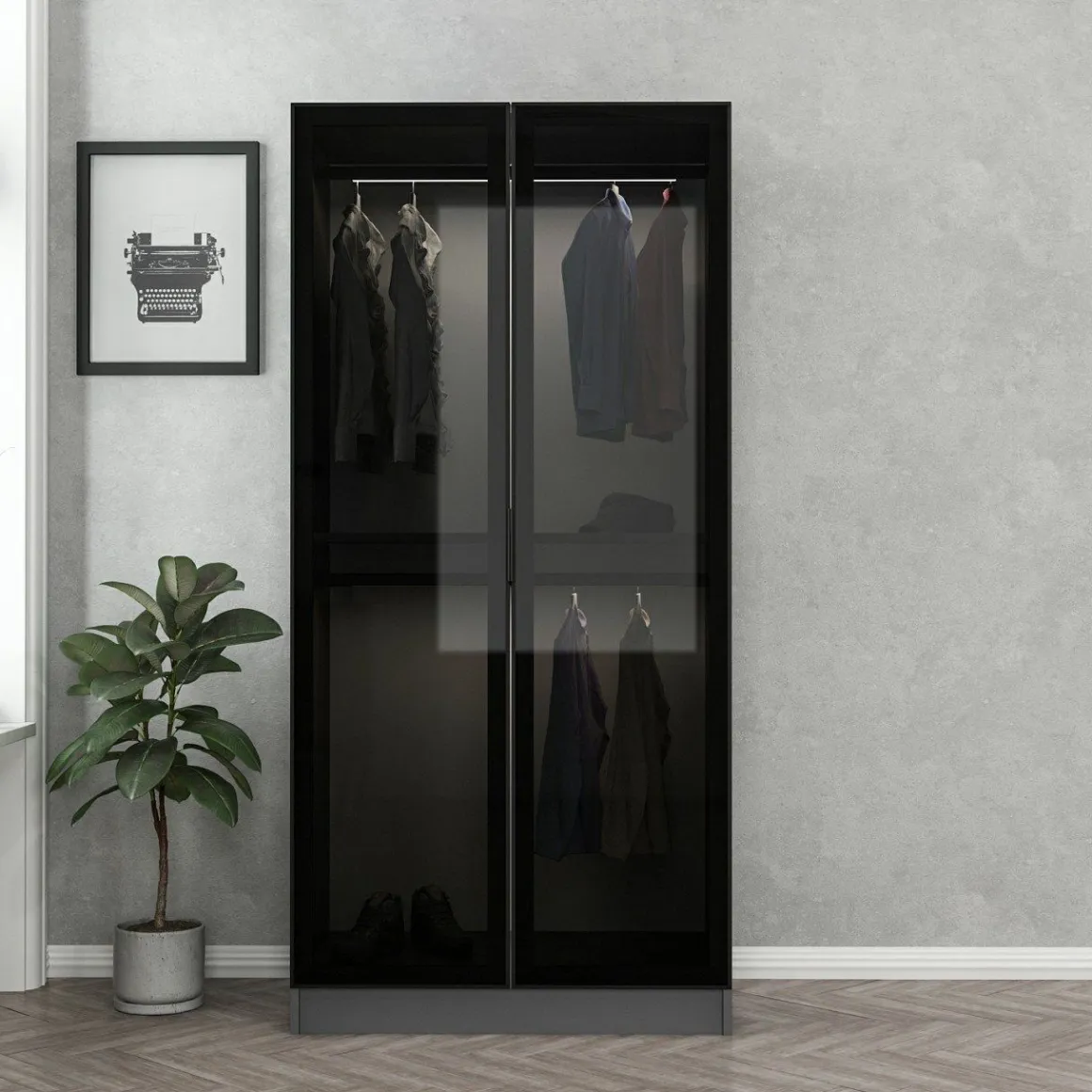 Guardaroba 2 Ante Nero Antracite Appendiabiti un Ripiano 90x210h cm, 2 Ante - Moconesi
