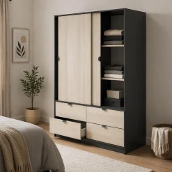Guardaroba 2 Ante > Dmora Guardaroba 2 Ante Nero Antracite Marrone Rovere 4 Ripiani 2 Ante 100x119h cm, Apertura Scorrevole - Resana Marrone Rovere, Nero Antracite