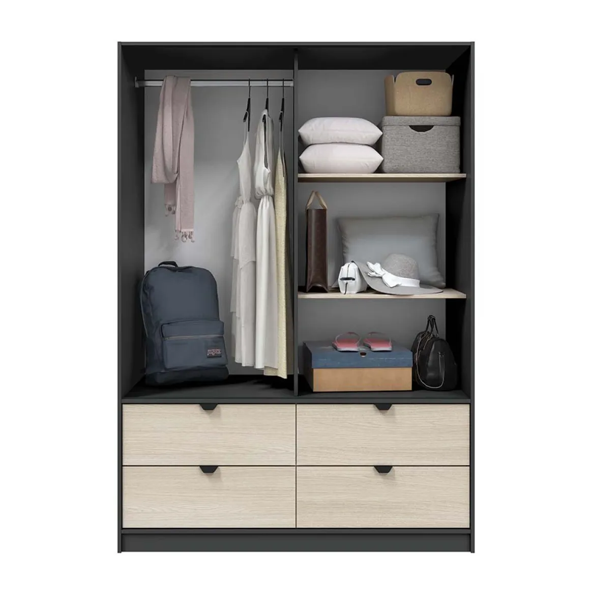Guardaroba 2 Ante Nero Antracite Marrone Rovere 4 Cassetti 2 Ripiani 140x200h cm, Appendiabiti - Ponna