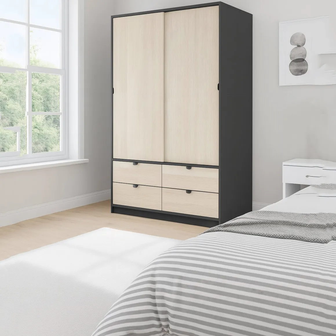Guardaroba 2 Ante Nero Antracite Marrone Rovere 4 Cassetti 2 Ripiani 140x200h cm, Appendiabiti - Ponna