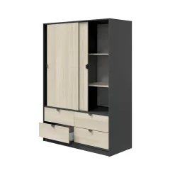 Guardaroba 2 Ante Nero Antracite Marrone Rovere 4 Cassetti 2 Ripiani 140x200h cm, Appendiabiti - Ponna