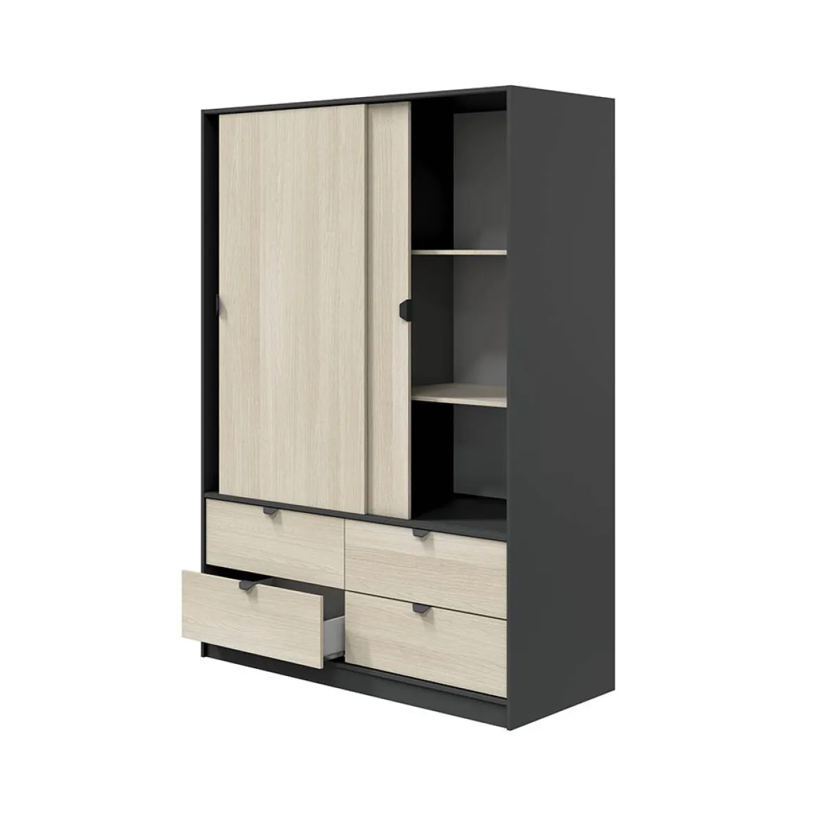 Guardaroba 2 Ante Nero Antracite Marrone Rovere 4 Cassetti 2 Ripiani 140x200h cm, Appendiabiti - Ponna