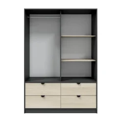 Guardaroba 2 Ante Nero Antracite Marrone Rovere 4 Cassetti 2 Ripiani 140x200h cm, Appendiabiti - Ponna