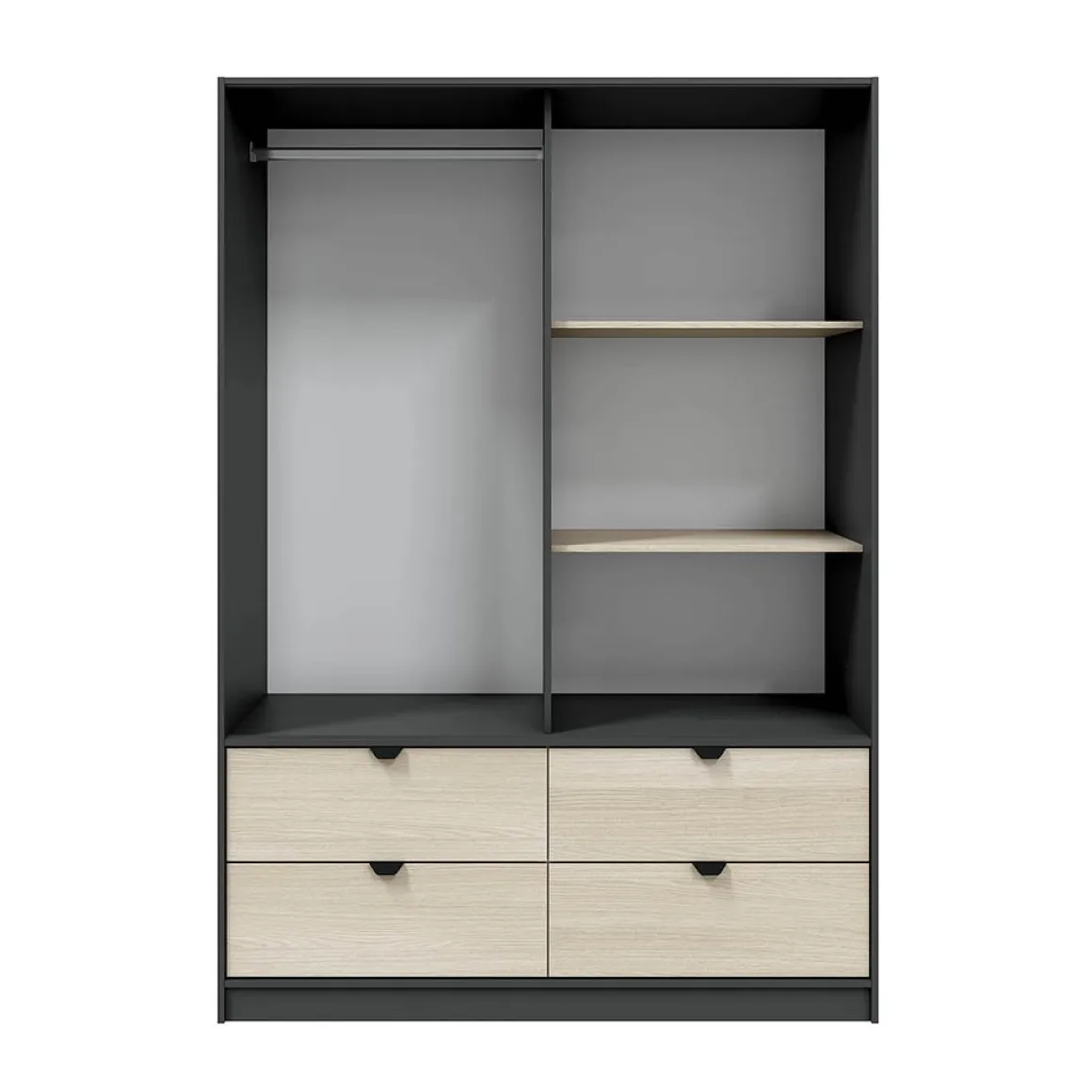 Guardaroba 2 Ante Nero Antracite Marrone Rovere 4 Cassetti 2 Ripiani 140x200h cm, Appendiabiti - Ponna
