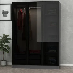 Guardaroba 3 Ante > Dmora Guardaroba 3 Ante Nero Antracite Marrone Rovere 4 Ripiani Appendiabiti 150x50 cm, 3 Ante - Senales Marrone Rovere, Nero Antracite