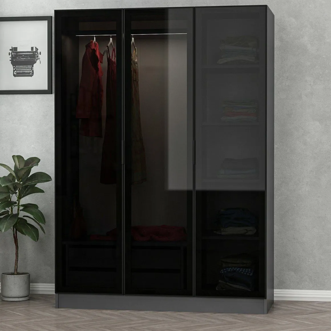 Guardaroba 3 Ante Nero Antracite Appendiabiti 5 Ripiani 135x52 cm, 3 Ante - Gerrei