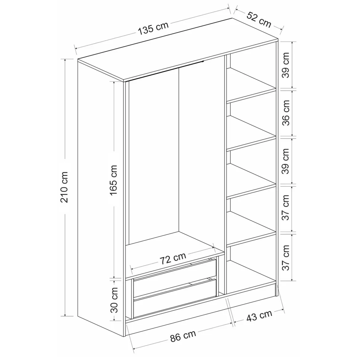 Guardaroba 3 Ante Nero Antracite Appendiabiti 5 Ripiani 135x52 cm, 3 Ante - Gerrei