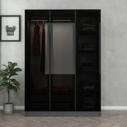 Guardaroba 3 Ante Nero Antracite Appendiabiti 5 Ripiani 135x52 cm, 3 Ante - Gerrei
