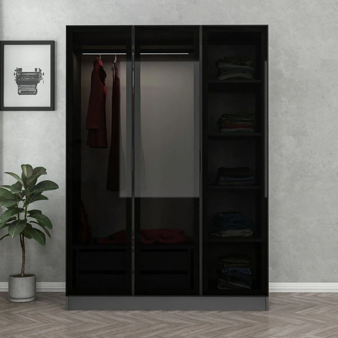 Guardaroba 3 Ante Nero Antracite Appendiabiti 5 Ripiani 135x52 cm, 3 Ante - Gerrei