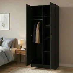 Guardaroba 2 Ante Nero Appendiabiti 5 Ripiani 78.7x200.9h cm, Apertura Battente - Argor