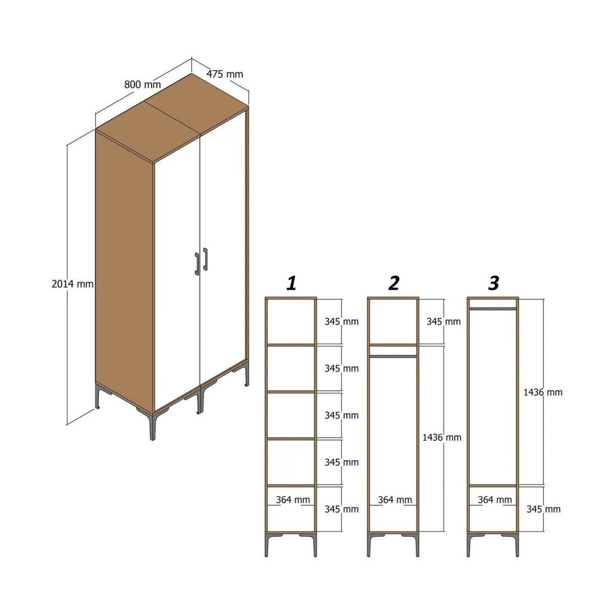 Guardaroba 2 Ante|Camera Da Letto > Dmora Guardaroba 2 ante noce e bianco 80x200h cm - Acate Bianco, Marrone Noce