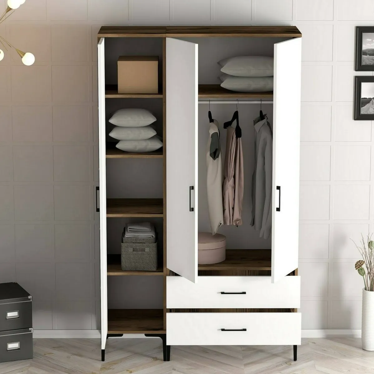 Guardaroba 3 Ante|Camera Da Letto > Dmora Guardaroba 3 ante noce e bianco 120x201h cm - Awty Bianco, Marrone Noce