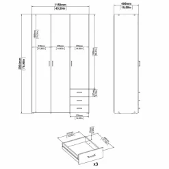Guardaroba 3 ante Suzette, Mobile camera da letto, Cabina armadio portabiti, Armadio appendiabiti, 116x50 h200 cm, Bianco